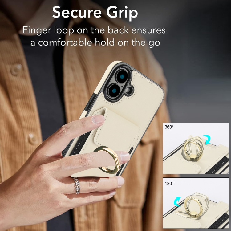 For iPhone 16 Plus Elastic Card Bag Ring Holder Phone Case(White) For iPhone 16 Plus Elastic Card Bag Ring Holder Phone Case(White)