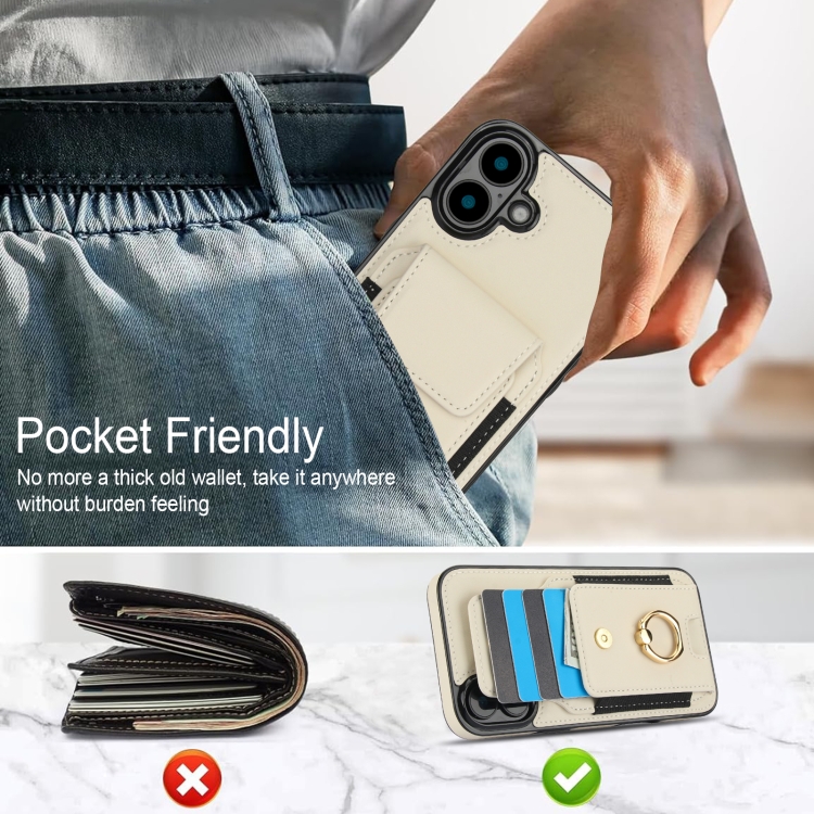 For iPhone 16 Plus Elastic Card Bag Ring Holder Phone Case(White) For iPhone 16 Plus Elastic Card Bag Ring Holder Phone Case(White)