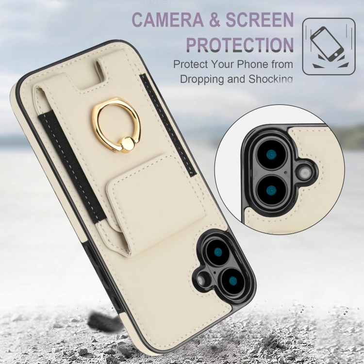 For iPhone 16 Plus Elastic Card Bag Ring Holder Phone Case(White) For iPhone 16 Plus Elastic Card Bag Ring Holder Phone Case(White)
