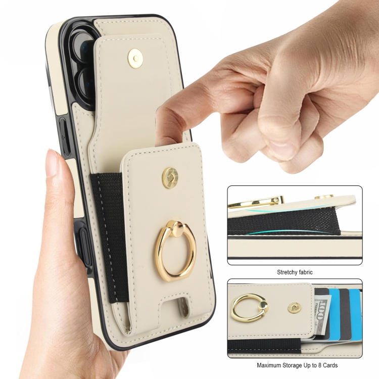 For iPhone 16 Plus Elastic Card Bag Ring Holder Phone Case(White) For iPhone 16 Plus Elastic Card Bag Ring Holder Phone Case(White)