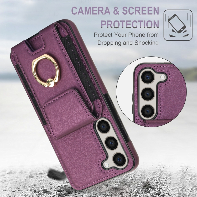 For Samsung Galaxy S23 5G Elastic Card Bag Ring Holder Phone Case(Purple) For Samsung Galaxy S23 5G Elastic Card Bag Ring Holder Phone Case(Purple)