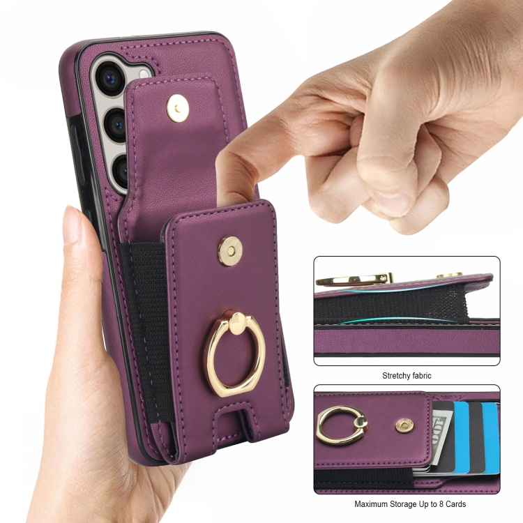 For Samsung Galaxy S23 5G Elastic Card Bag Ring Holder Phone Case(Purple) For Samsung Galaxy S23 5G Elastic Card Bag Ring Holder Phone Case(Purple)