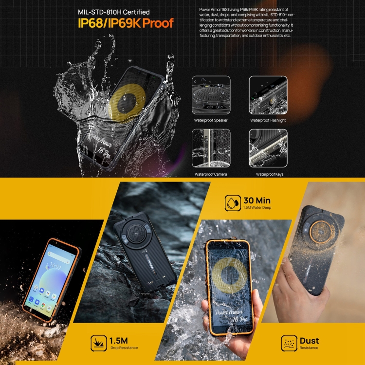 [HK Warehouse] Ulefone Power Armor 16S Rugged Phone, 8GB+128GB, 9600mAh Battery, Side Fingerprint, 5.93 inch Android 13 Unisoc T616 Octa Core up to 2.0GHz, Network: 4G, NFC, OTG(Black) - B4