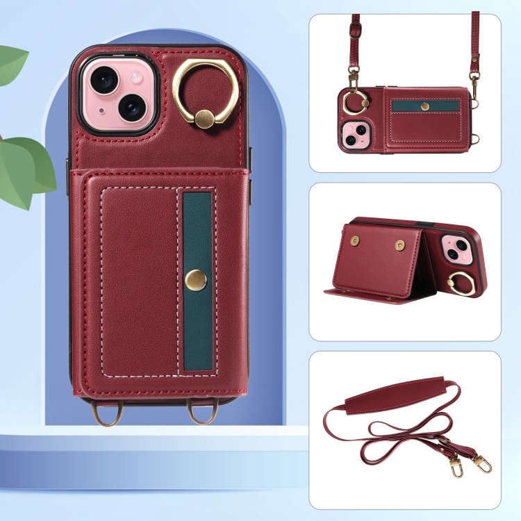 For iPhone 15 Plus Crossbodys Card Bag Ring Holder Leather Phone Case(Red) For iPhone 15 Plus Crossbodys Card Bag Ring Holder Leather Phone Case(Red)