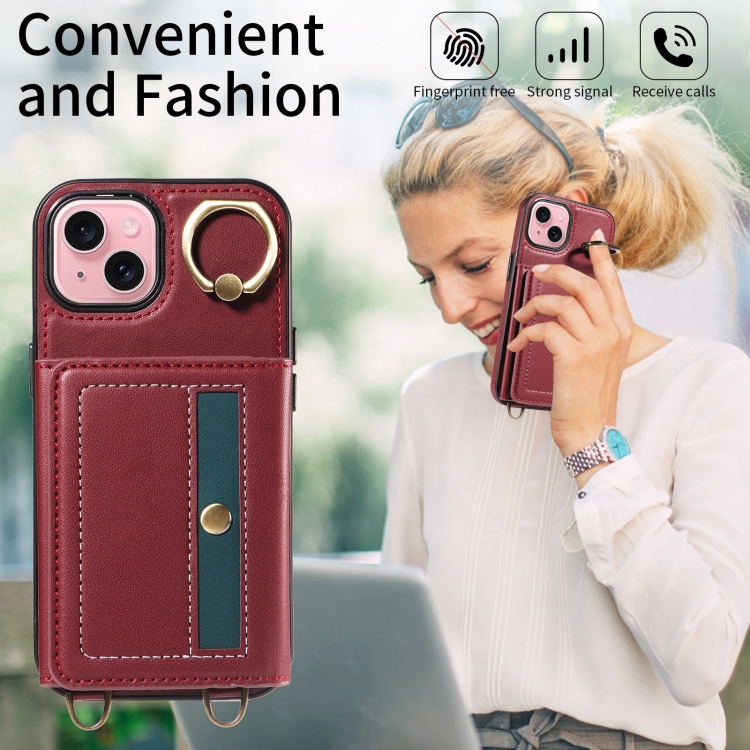 For iPhone 15 Plus Crossbodys Card Bag Ring Holder Leather Phone Case(Red) For iPhone 15 Plus Crossbodys Card Bag Ring Holder Leather Phone Case(Red)