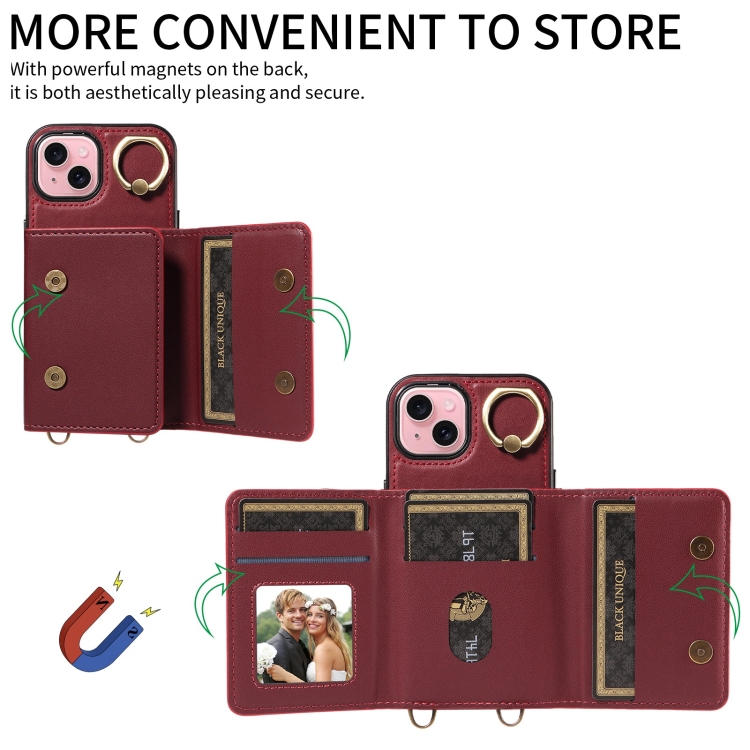 For iPhone 15 Plus Crossbodys Card Bag Ring Holder Leather Phone Case(Red) For iPhone 15 Plus Crossbodys Card Bag Ring Holder Leather Phone Case(Red)