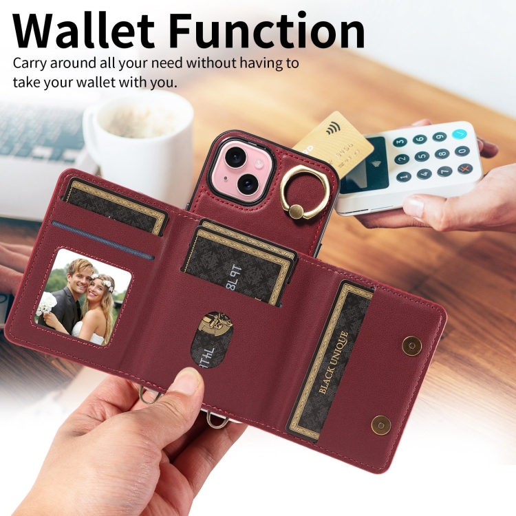For iPhone 15 Plus Crossbodys Card Bag Ring Holder Leather Phone Case(Red) For iPhone 15 Plus Crossbodys Card Bag Ring Holder Leather Phone Case(Red)