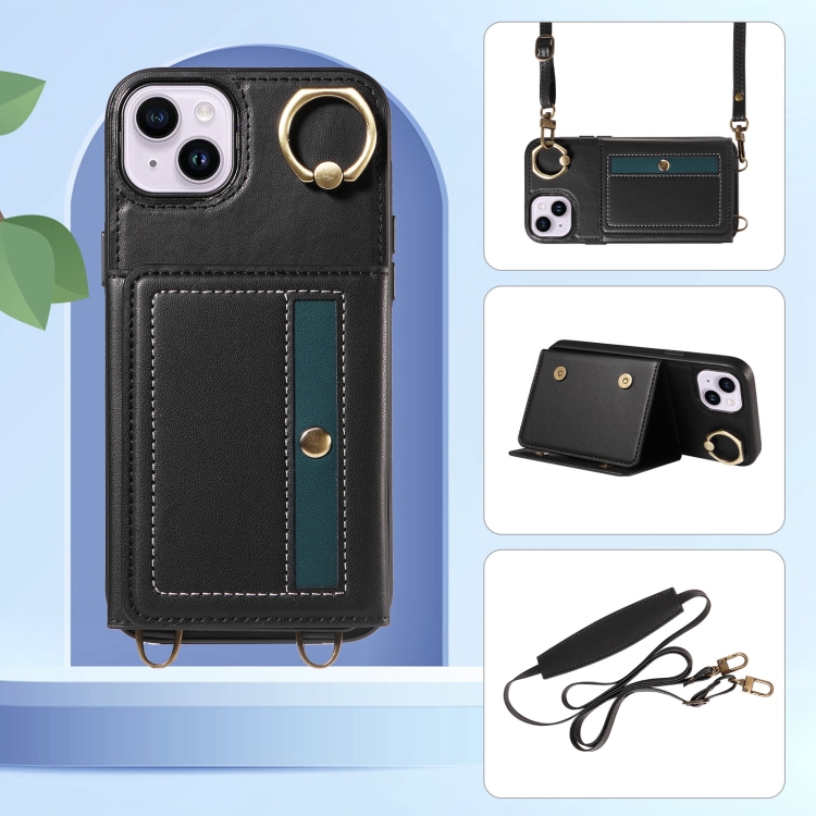 For iPhone 14 Plus Crossbodys Card Bag Ring Holder Leather Phone Case(Black) For iPhone 14 Plus Crossbodys Card Bag Ring Holder Leather Phone Case(Black)