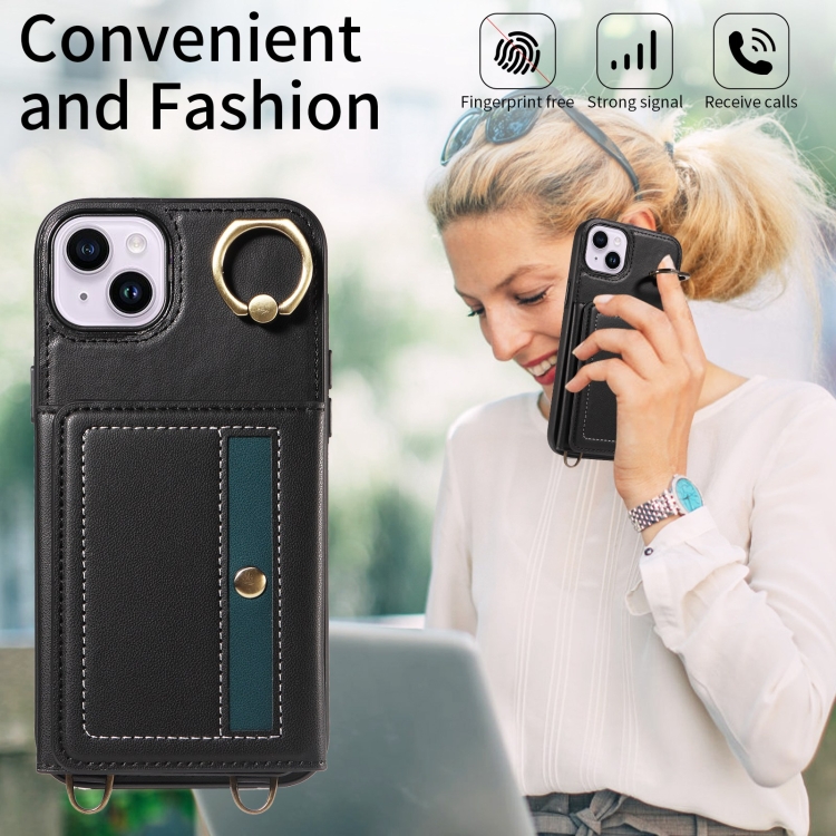 For iPhone 14 Plus Crossbodys Card Bag Ring Holder Leather Phone Case(Black) For iPhone 14 Plus Crossbodys Card Bag Ring Holder Leather Phone Case(Black)