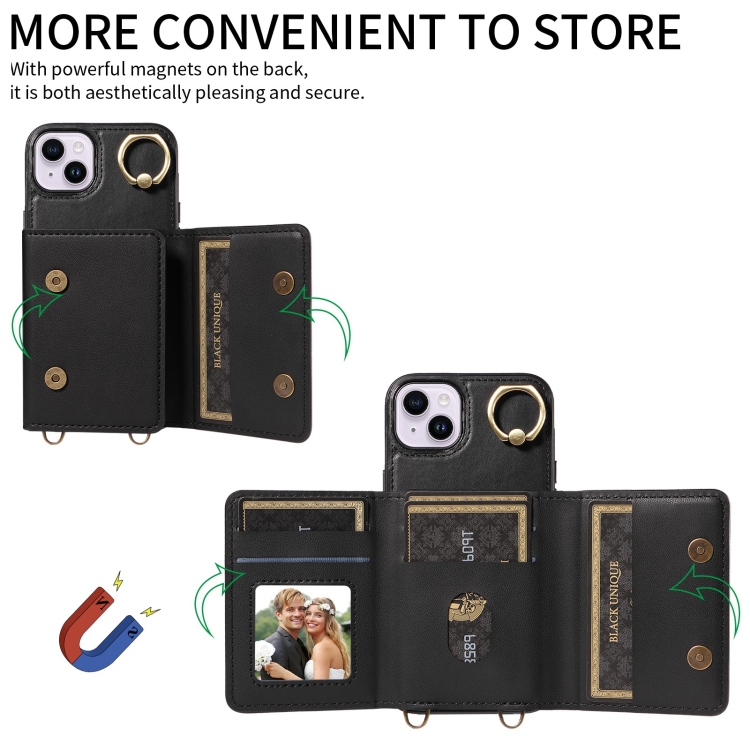 For iPhone 14 Plus Crossbodys Card Bag Ring Holder Leather Phone Case(Black) For iPhone 14 Plus Crossbodys Card Bag Ring Holder Leather Phone Case(Black)