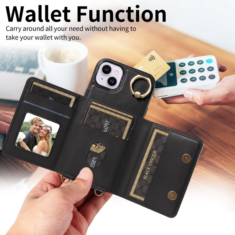 For iPhone 14 Plus Crossbodys Card Bag Ring Holder Leather Phone Case(Black) For iPhone 14 Plus Crossbodys Card Bag Ring Holder Leather Phone Case(Black)