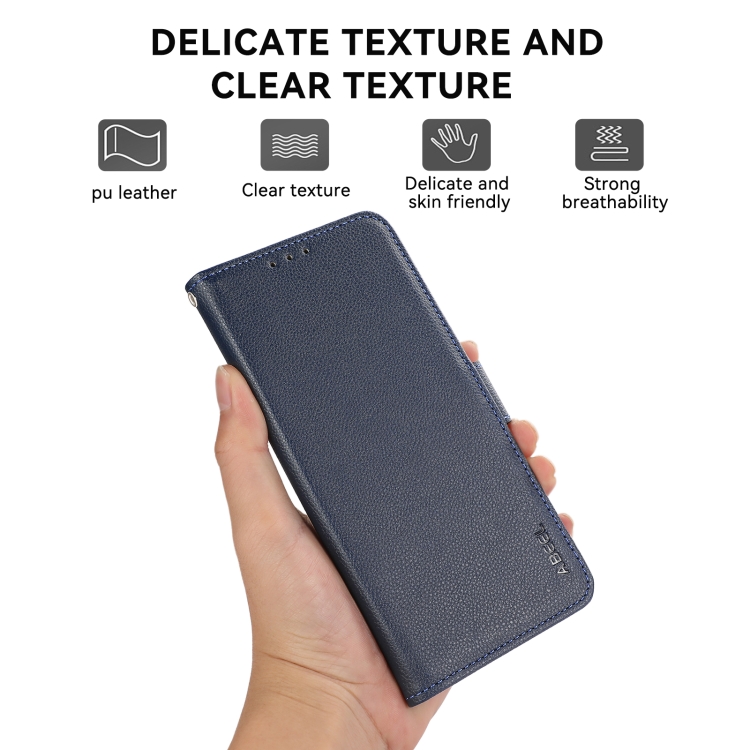 For iPhone 14 Plus ABEEL Side-Magnetic Litchi Pattern Leather RFID Phone Case(Blue) For iPhone 14 Plus ABEEL Side-Magnetic Litchi Pattern Leather RFID Phone Case(Blue)