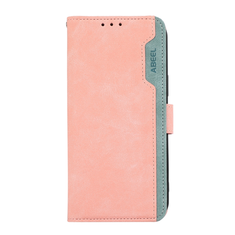 For iPhone 16 ABEEL Color Block Magnetic RFID Leather Phone Case(Pink-Cyan) For iPhone 16 ABEEL Color Block Magnetic RFID Leather Phone Case(Pink-Cyan)