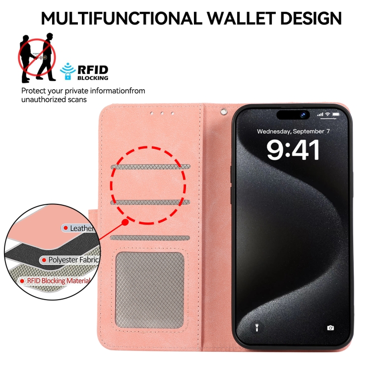 For iPhone 16 ABEEL Color Block Magnetic RFID Leather Phone Case(Pink-Cyan) For iPhone 16 ABEEL Color Block Magnetic RFID Leather Phone Case(Pink-Cyan)