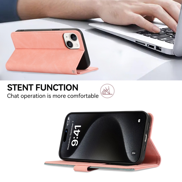 For iPhone 16 ABEEL Color Block Magnetic RFID Leather Phone Case(Pink-Cyan) For iPhone 16 ABEEL Color Block Magnetic RFID Leather Phone Case(Pink-Cyan)