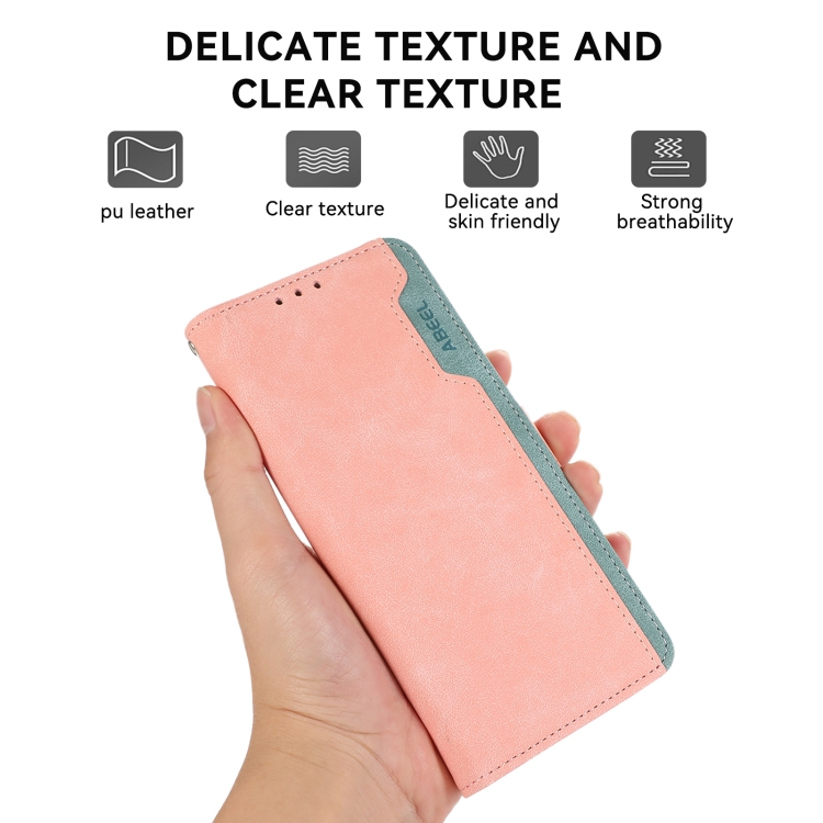For iPhone 16 ABEEL Color Block Magnetic RFID Leather Phone Case(Pink-Cyan) For iPhone 16 ABEEL Color Block Magnetic RFID Leather Phone Case(Pink-Cyan)