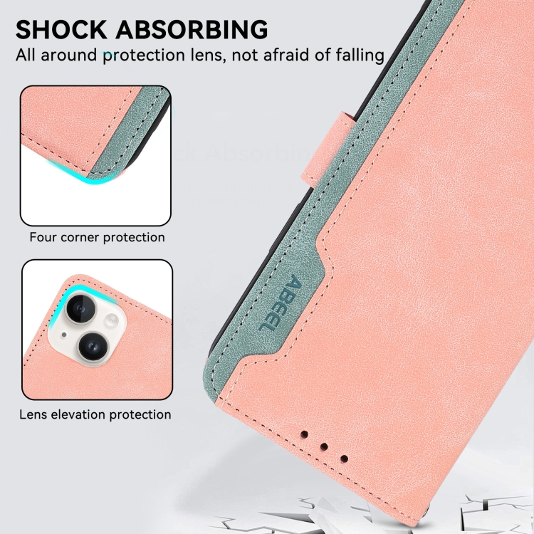 For iPhone 16 ABEEL Color Block Magnetic RFID Leather Phone Case(Pink-Cyan) For iPhone 16 ABEEL Color Block Magnetic RFID Leather Phone Case(Pink-Cyan)