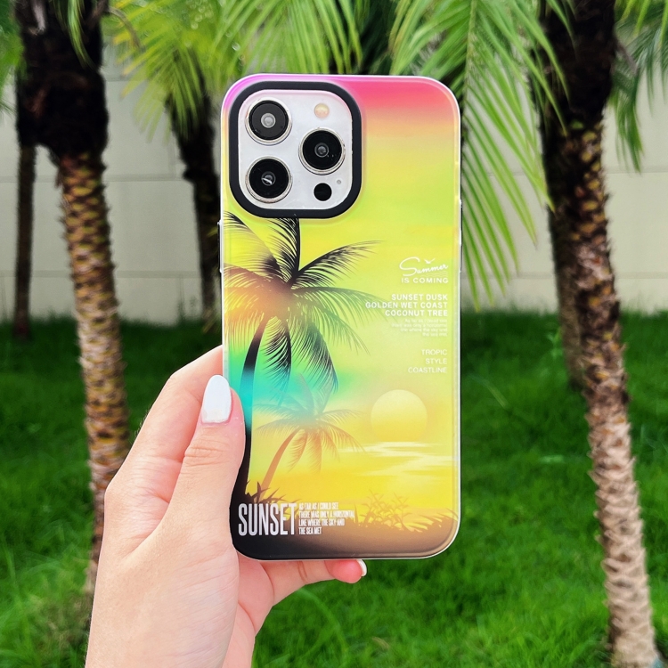 For iPhone 15 SUNSET Coconut Tree Dual-side Laminating Laser Phone Case(Yellow) For iPhone 15 SUNSET Coconut Tree Dual-side Laminating Laser Phone Case(Yellow)