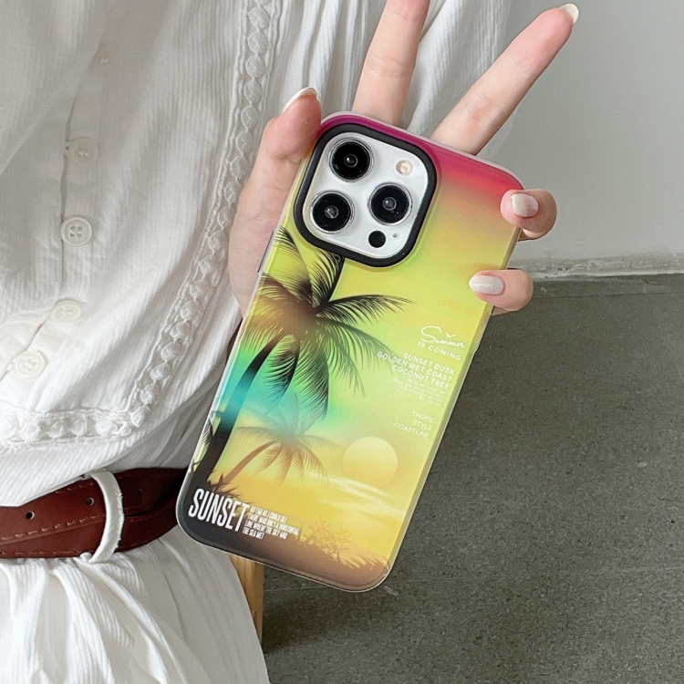 For iPhone 15 SUNSET Coconut Tree Dual-side Laminating Laser Phone Case(Yellow) For iPhone 15 SUNSET Coconut Tree Dual-side Laminating Laser Phone Case(Yellow)