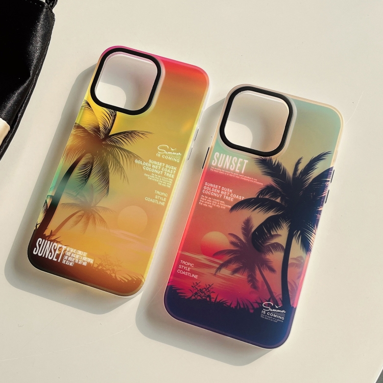 For iPhone 15 SUNSET Coconut Tree Dual-side Laminating Laser Phone Case(Yellow) For iPhone 15 SUNSET Coconut Tree Dual-side Laminating Laser Phone Case(Yellow)