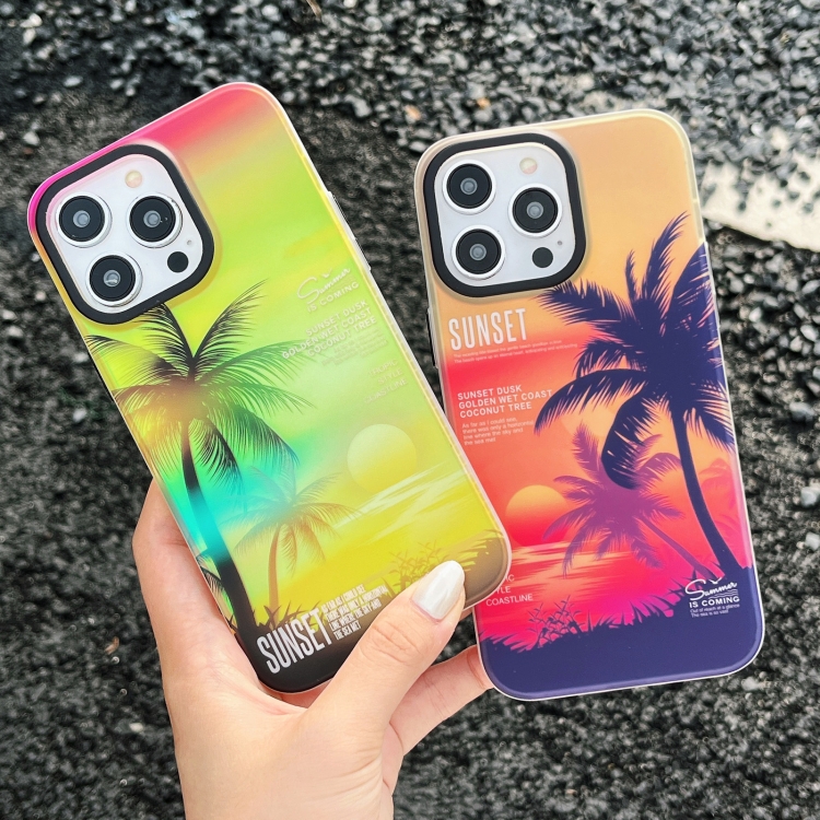 For iPhone 15 SUNSET Coconut Tree Dual-side Laminating Laser Phone Case(Yellow) For iPhone 15 SUNSET Coconut Tree Dual-side Laminating Laser Phone Case(Yellow)