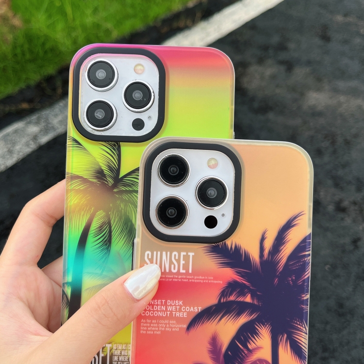 For iPhone 15 SUNSET Coconut Tree Dual-side Laminating Laser Phone Case(Yellow) For iPhone 15 SUNSET Coconut Tree Dual-side Laminating Laser Phone Case(Yellow)