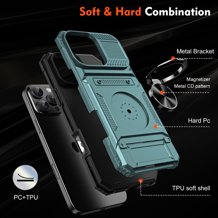 For iPhone 16 TPU+PC Shockproof Card Phone Case with Metal Ring Holder(Green) For iPhone 16 TPU+PC Shockproof Card Phone Case with Metal Ring Holder(Green)