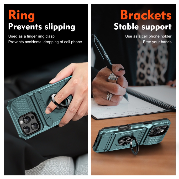 For iPhone 16 TPU+PC Shockproof Card Phone Case with Metal Ring Holder(Green) For iPhone 16 TPU+PC Shockproof Card Phone Case with Metal Ring Holder(Green)