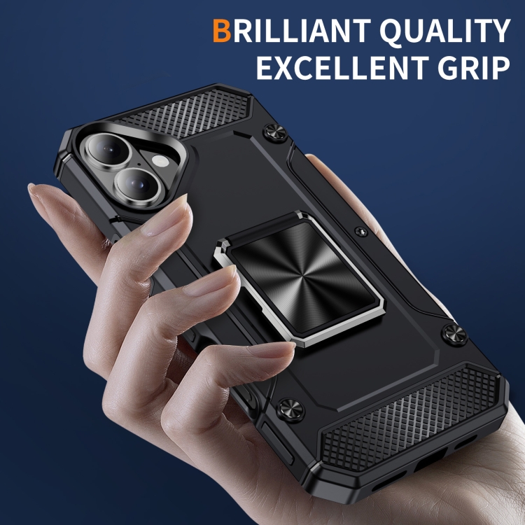 For iPhone 16 Plus Shockproof Metal Holder Phone Case(Black) For iPhone 16 Plus Shockproof Metal Holder Phone Case(Black)