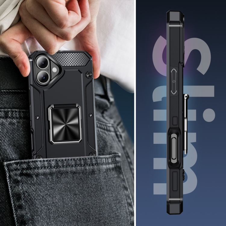 For iPhone 16 Plus Shockproof Metal Holder Phone Case(Black) For iPhone 16 Plus Shockproof Metal Holder Phone Case(Black)
