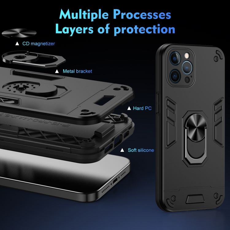 For iPhone 12 Pro Max Shockproof Metal Ring Holder Phone Case(Black)