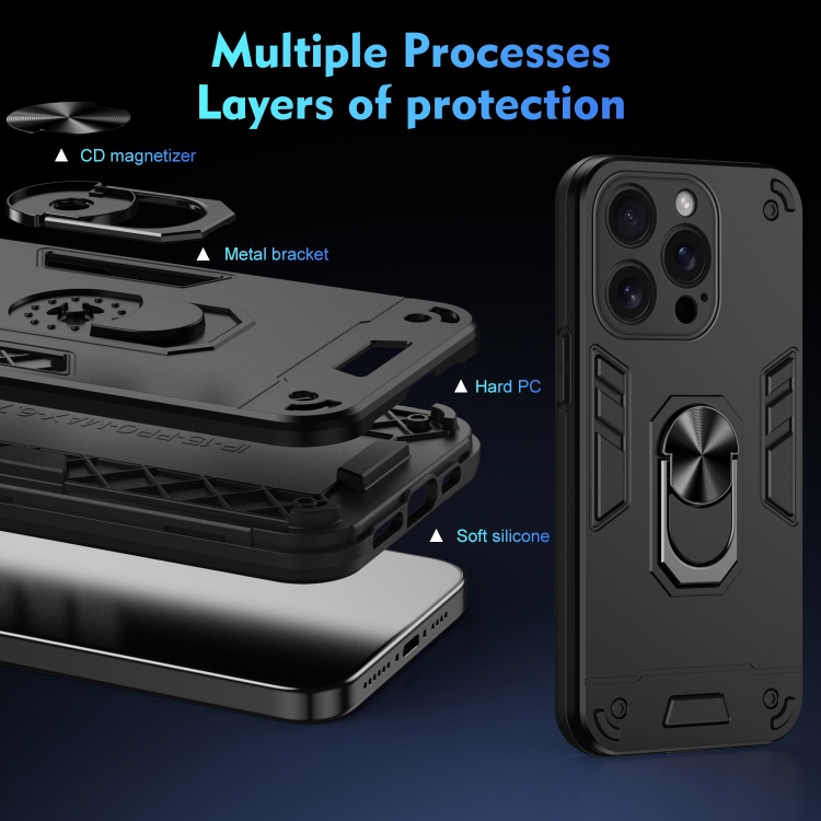 For iPhone 16 Pro Max Shockproof Metal Ring Holder Phone Case(Black)