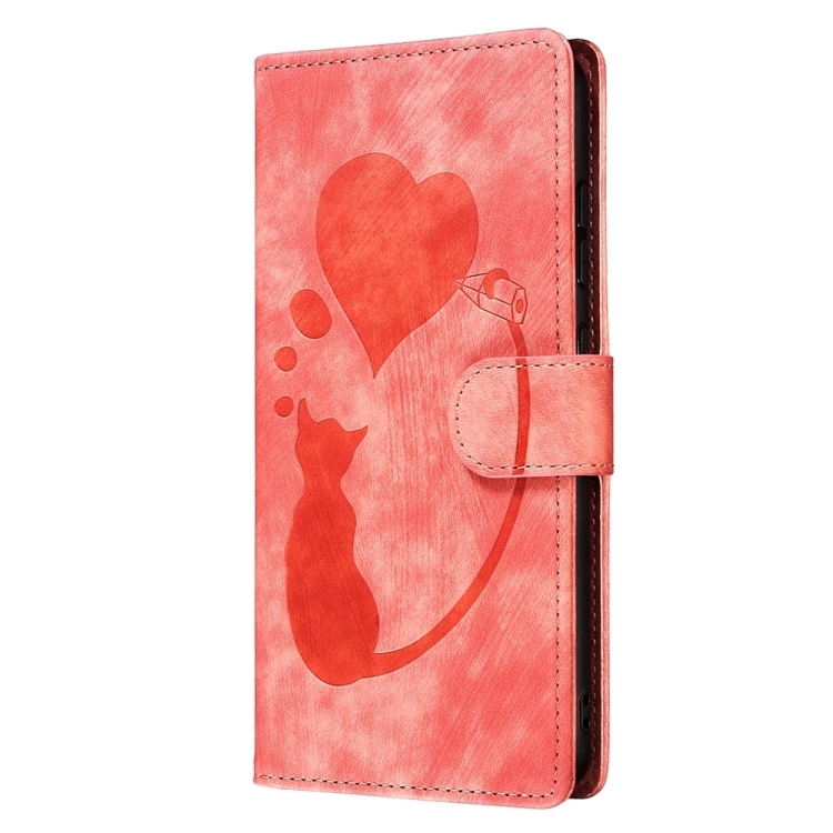 For iPhone 14 Pen Heart Cat Embossed Leather Phone Case(Orange) For iPhone 14 Pen Heart Cat Embossed Leather Phone Case(Orange)