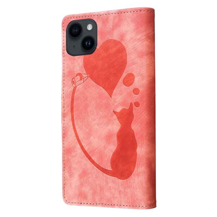 For iPhone 14 Pen Heart Cat Embossed Leather Phone Case(Orange) For iPhone 14 Pen Heart Cat Embossed Leather Phone Case(Orange)