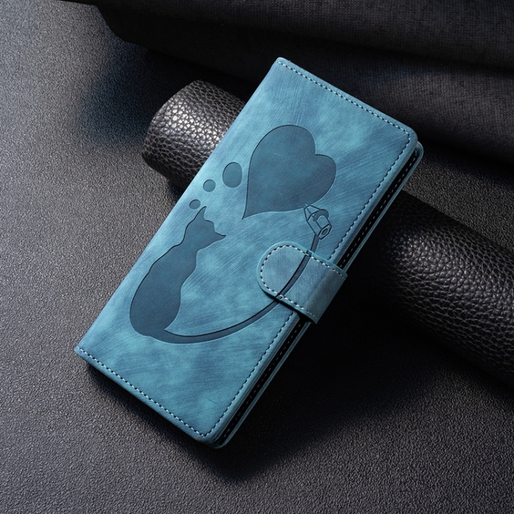 For Samsung Galaxy S23 5G Pen Heart Cat Embossed Leather Phone Case(Blue) For Samsung Galaxy S23 5G Pen Heart Cat Embossed Leather Phone Case(Blue)