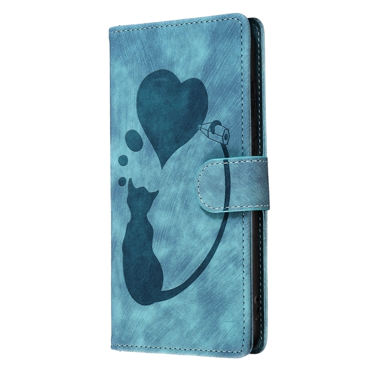 For Samsung Galaxy S23 5G Pen Heart Cat Embossed Leather Phone Case(Blue) For Samsung Galaxy S23 5G Pen Heart Cat Embossed Leather Phone Case(Blue)