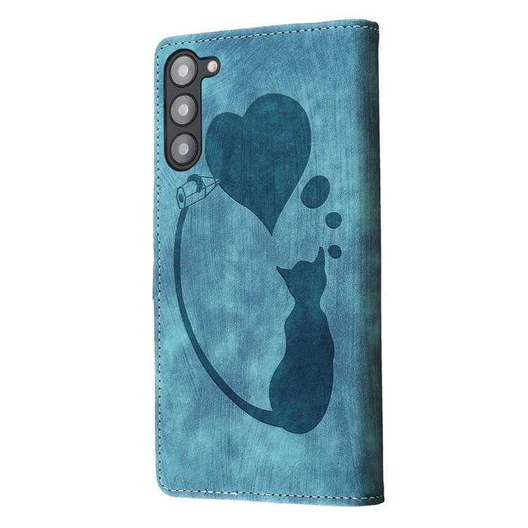 For Samsung Galaxy S23 5G Pen Heart Cat Embossed Leather Phone Case(Blue) For Samsung Galaxy S23 5G Pen Heart Cat Embossed Leather Phone Case(Blue)