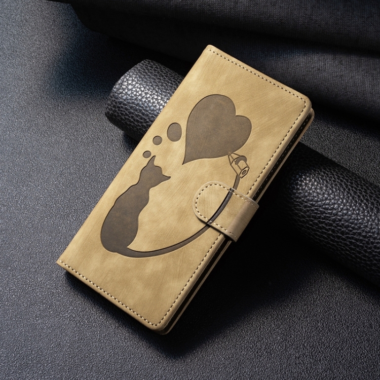 For Samsung Galaxy S22 Ultra 5G Pen Heart Cat Embossed Leather Phone Case(Apricot) For Samsung Galaxy S22 Ultra 5G Pen Heart Cat Embossed Leather Phone Case(Apricot)
