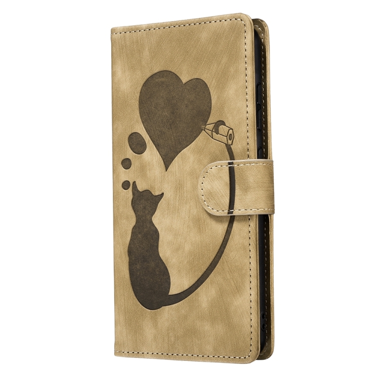For Samsung Galaxy S22 Ultra 5G Pen Heart Cat Embossed Leather Phone Case(Apricot) For Samsung Galaxy S22 Ultra 5G Pen Heart Cat Embossed Leather Phone Case(Apricot)