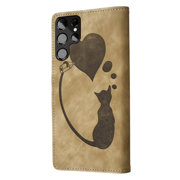 For Samsung Galaxy S22 Ultra 5G Pen Heart Cat Embossed Leather Phone Case(Apricot) For Samsung Galaxy S22 Ultra 5G Pen Heart Cat Embossed Leather Phone Case(Apricot)