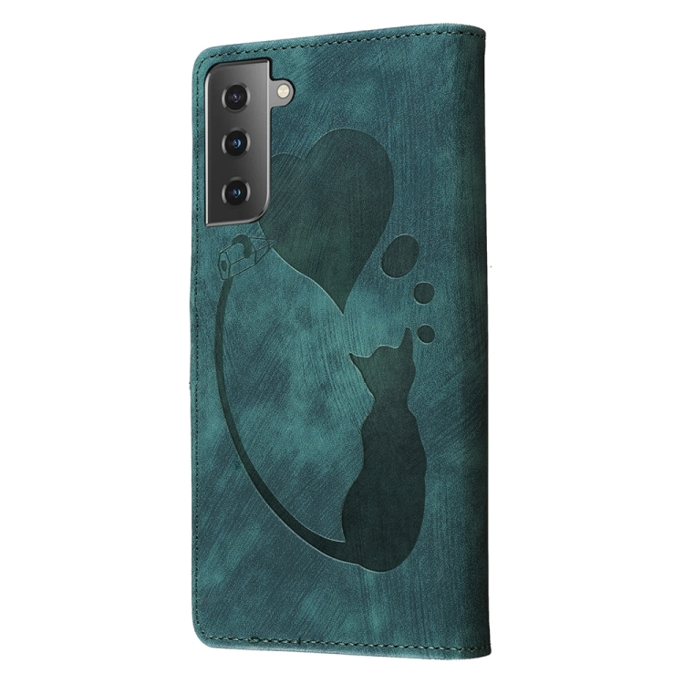 For Samsung Galaxy S21 5G Pen Heart Cat Embossed Leather Phone Case(Green) For Samsung Galaxy S21 5G Pen Heart Cat Embossed Leather Phone Case(Green)