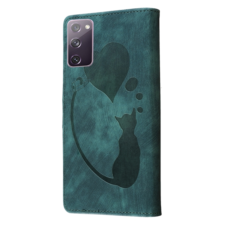For Samsung Galaxy S20 FE 5G Pen Heart Cat Embossed Leather Phone Case(Green) For Samsung Galaxy S20 FE 5G Pen Heart Cat Embossed Leather Phone Case(Green)