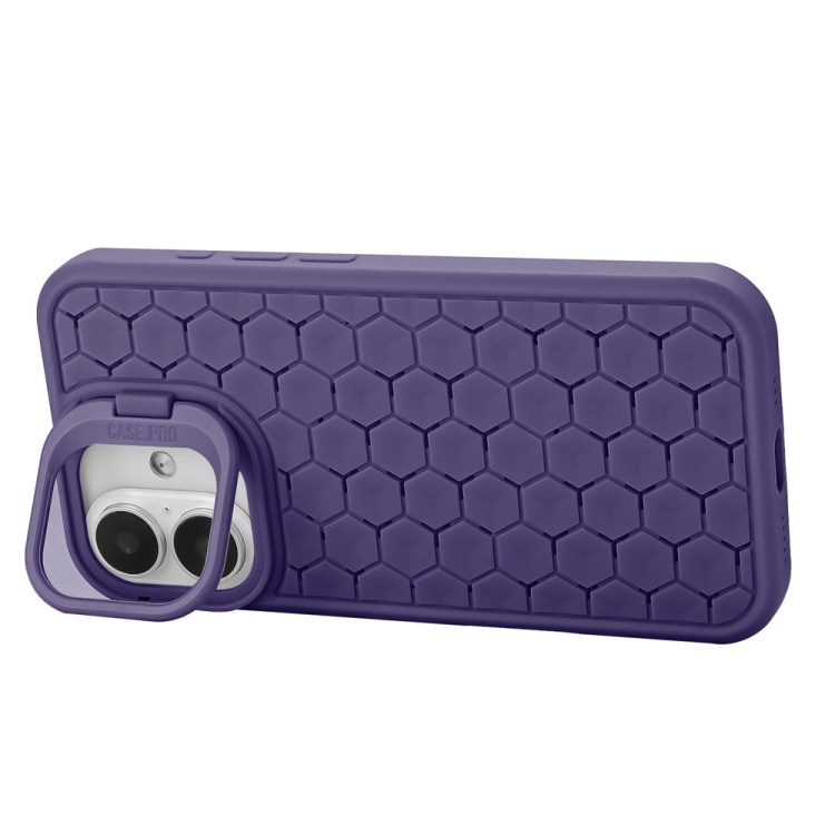 For iPhone 16 Honeycomb Radiating Holder TPU Phone Case with Lanyard(Purple) For iPhone 16 Honeycomb Radiating Holder TPU Phone Case with Lanyard(Purple)