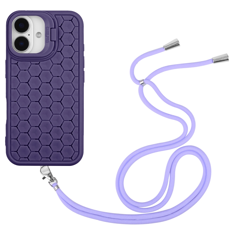 For iPhone 16 Honeycomb Radiating Holder TPU Phone Case with Lanyard(Purple) For iPhone 16 Honeycomb Radiating Holder TPU Phone Case with Lanyard(Purple)
