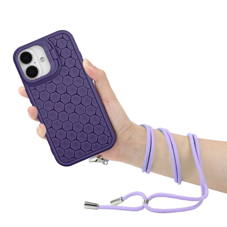 For iPhone 16 Honeycomb Radiating Holder TPU Phone Case with Lanyard(Purple) For iPhone 16 Honeycomb Radiating Holder TPU Phone Case with Lanyard(Purple)