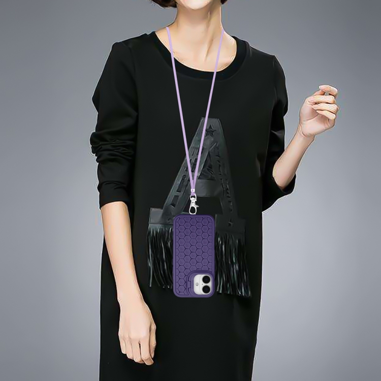 For iPhone 16 Honeycomb Radiating Holder TPU Phone Case with Lanyard(Purple) For iPhone 16 Honeycomb Radiating Holder TPU Phone Case with Lanyard(Purple)