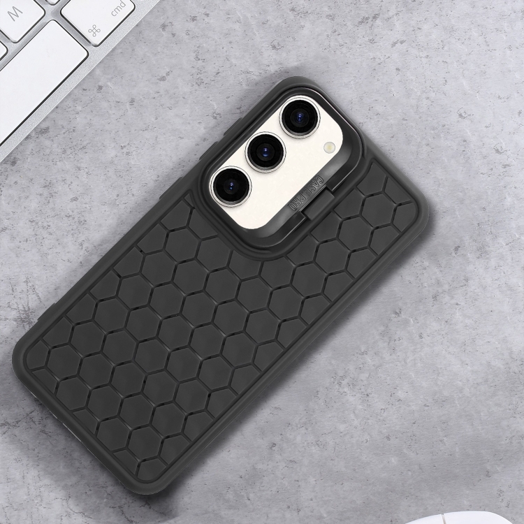 For Samsung Galaxy S23+ 5G Honeycomb Radiating Lens Holder TPU Phone Case(Black) For Samsung Galaxy S23+ 5G Honeycomb Radiating Lens Holder TPU Phone Case(Black)
