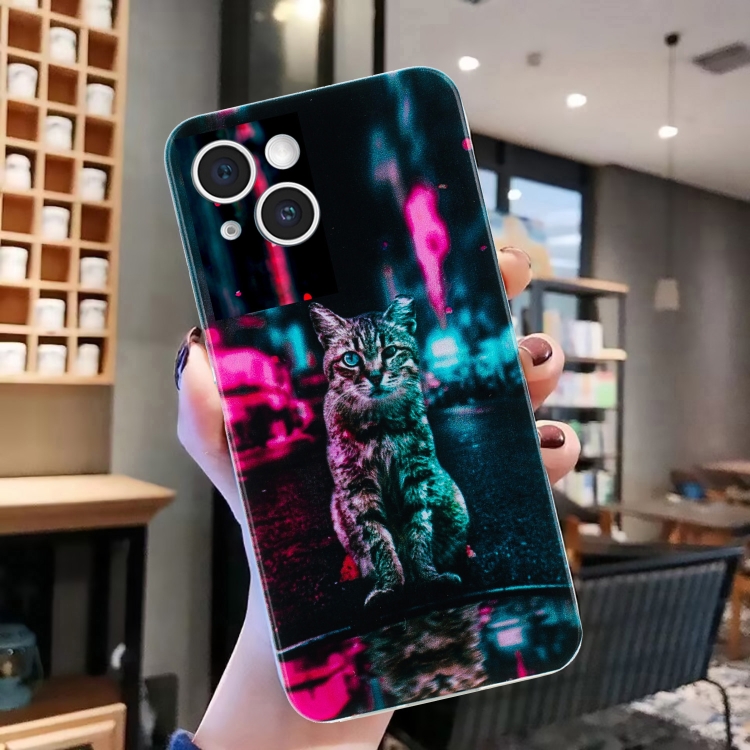 For iPhone 15 Plus Colorful Painting Pattern TPU Phone Case(Traffic Light Cat) For iPhone 15 Plus Colorful Painting Pattern TPU Phone Case(Traffic Light Cat)