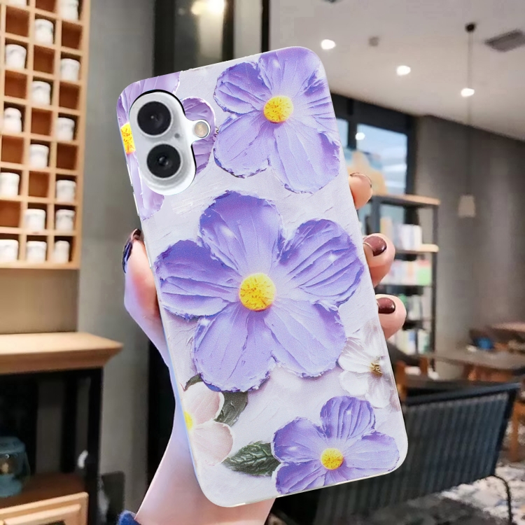 For iPhone 16 Plus Colorful Painting Pattern TPU Phone Case(Purple Flowers)