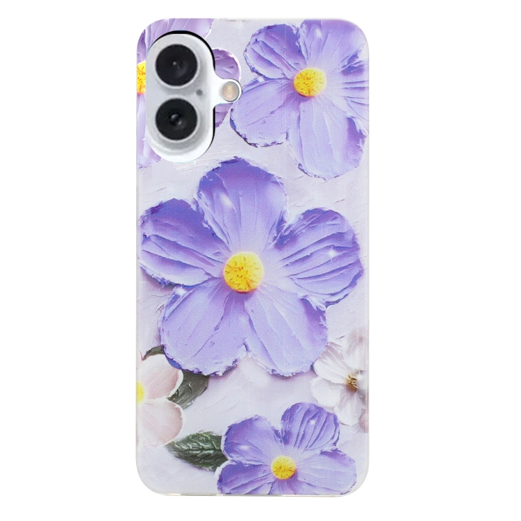 For iPhone 16 Plus Colorful Painting Pattern TPU Phone Case(Purple Flowers)